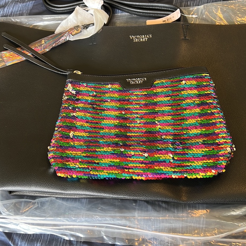 VICTORIA’S SECRET large tote sequin cosmetic bag set tassel
